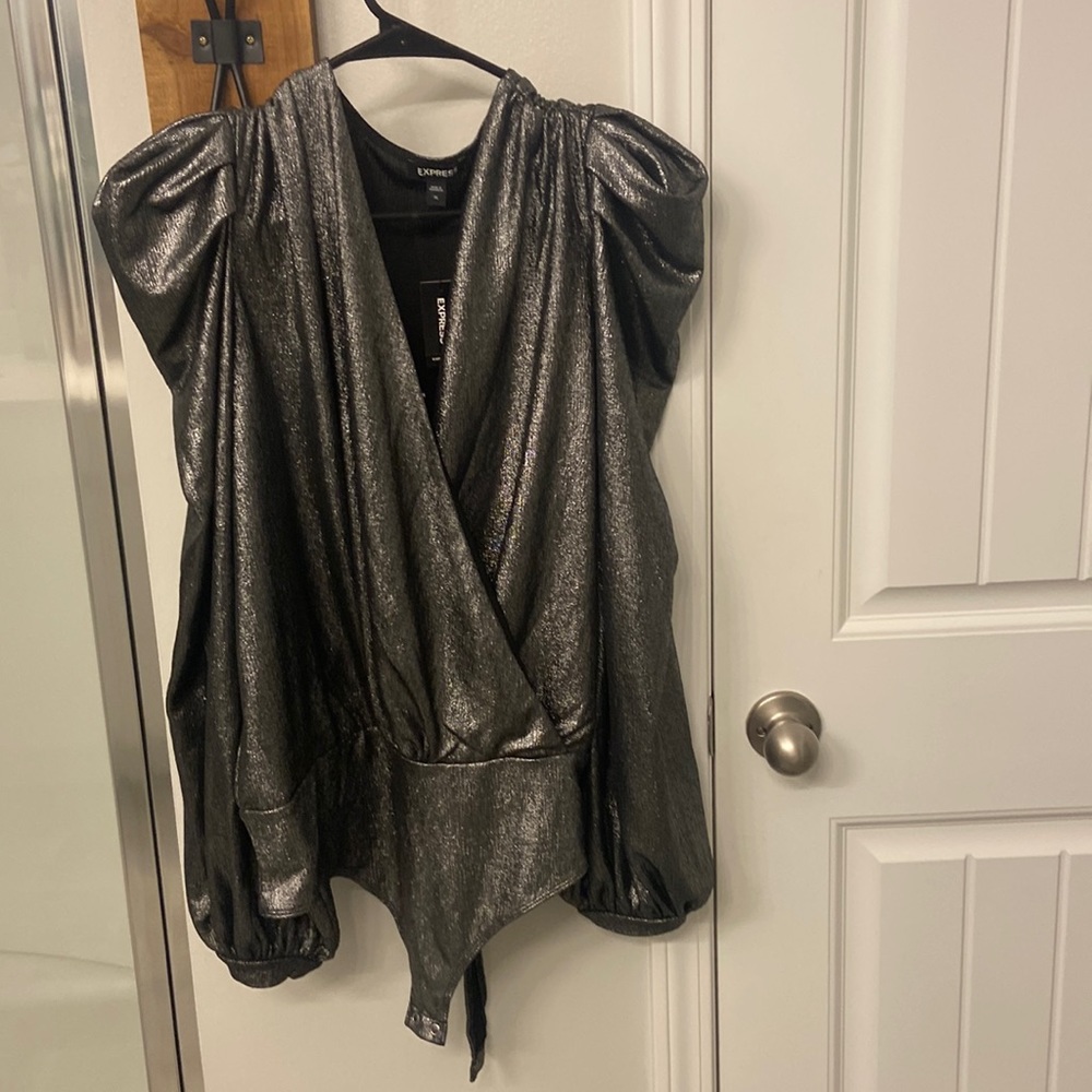 Silver metallic long sleeve bodysuit with shoulder pads from express